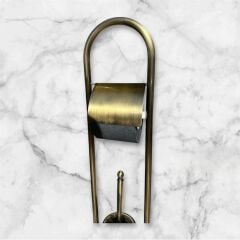 Antik Gold Tuvalet Kağıtlığı ve Fırçalık Seti Ayaklı Banyo Seti Antik Eskitme Pirinç