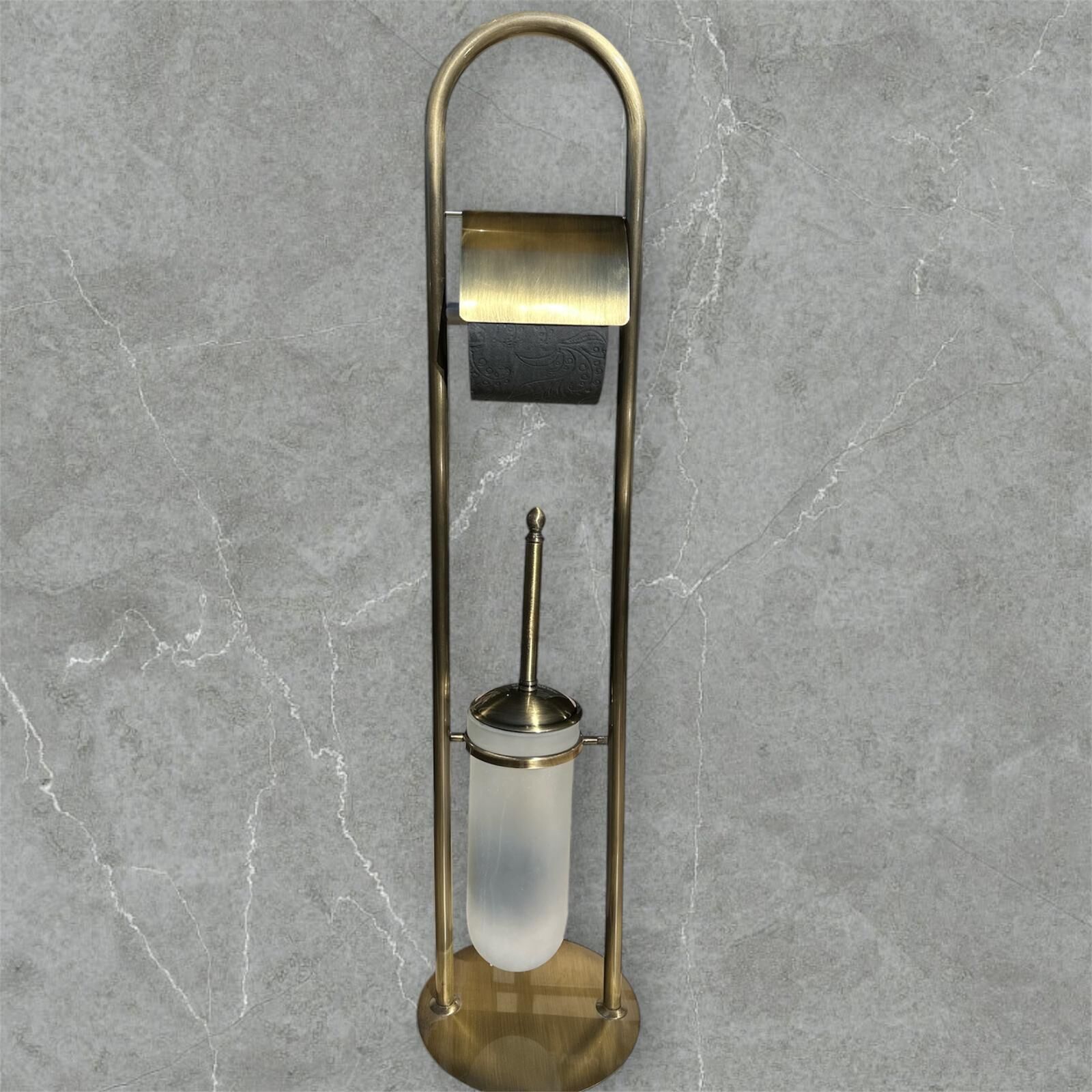 Antik Gold Tuvalet Kağıtlığı ve Fırçalık Seti Ayaklı Banyo Seti Antik Eskitme Pirinç
