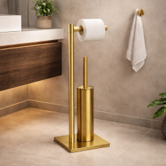 Mat Gold Banyo Ayaklı Set Mat Gold Tuvalet Fırçası Pirinç Materyal Mat Altın Kare Banyo Seti