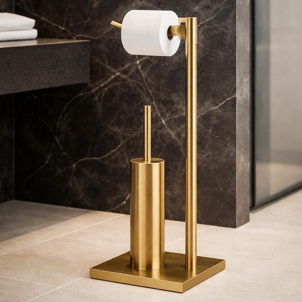 Mat Gold Banyo Ayaklı Set Mat Gold Tuvalet Fırçası Pirinç Materyal Mat Altın Kare Banyo Seti