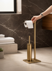 Antik Gold Banyo Ayaklı Seti Tuvalet Fırçası Tuvalet Kağıtlığı Kare Tasarım Eskitme Gold Set