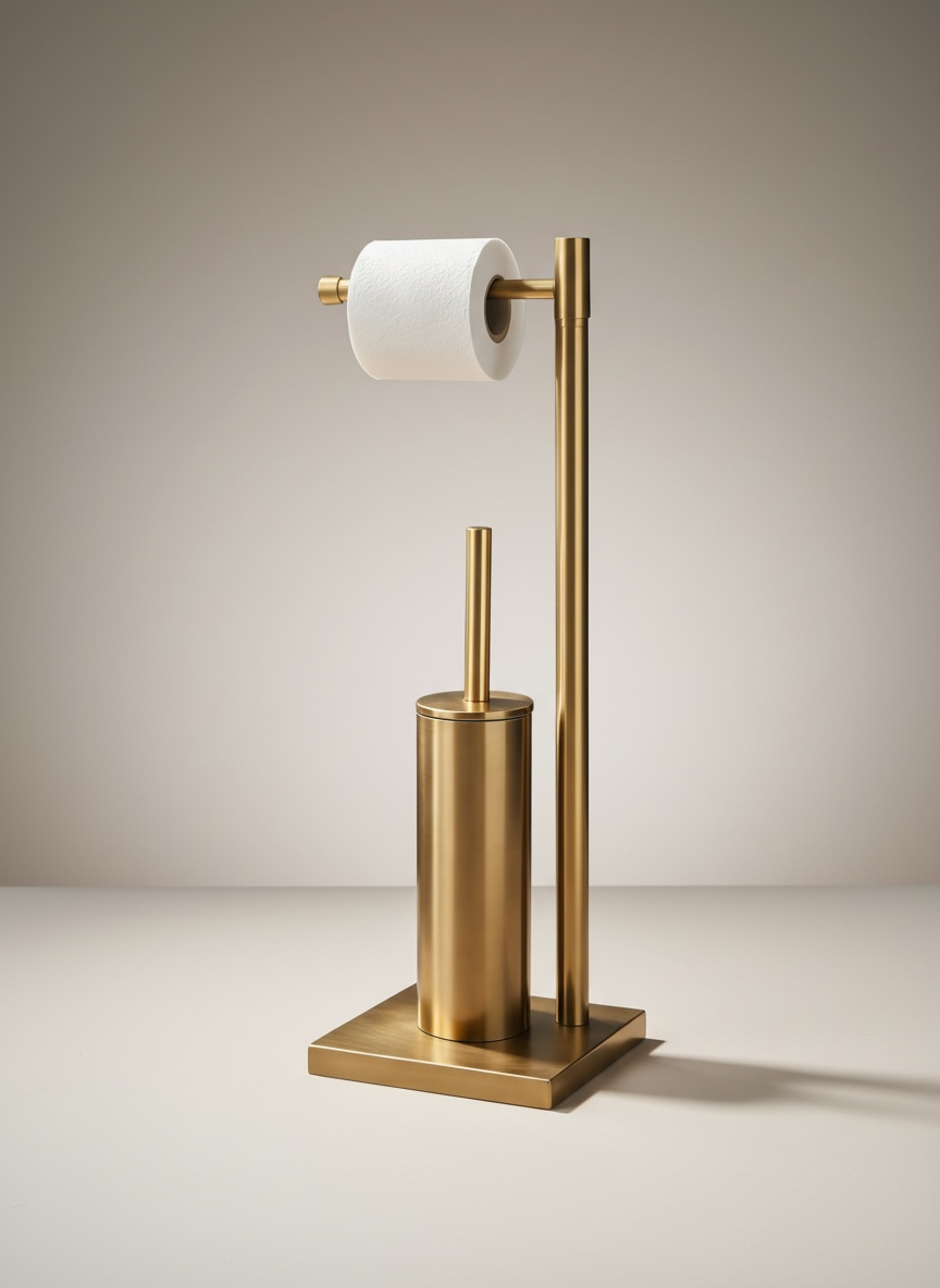 Antik Gold Banyo Ayaklı Seti Tuvalet Fırçası Tuvalet Kağıtlığı Kare Tasarım Eskitme Gold Set