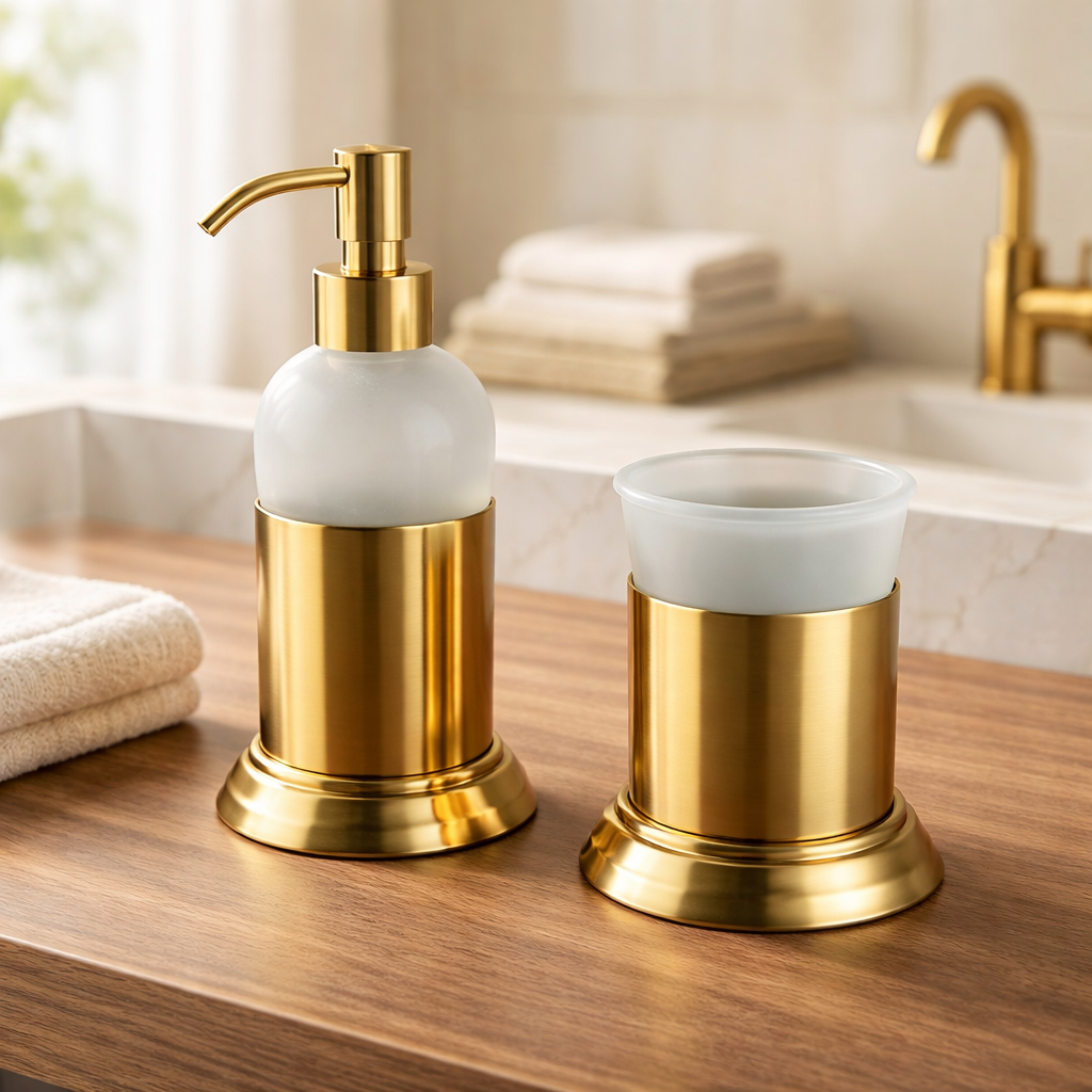 Mat Gold Sıvı Sabunluk ve Diş Fırçası Retro Vintage Tasarım Mat Altın Banyo Aksesuarları