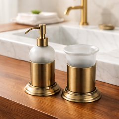 Antik Gold Sıvı Sabunluk ve Diş Fırçalık Seti Retro Vintage Tasarım Pirinç Malzeme Eskitme Gold Renk