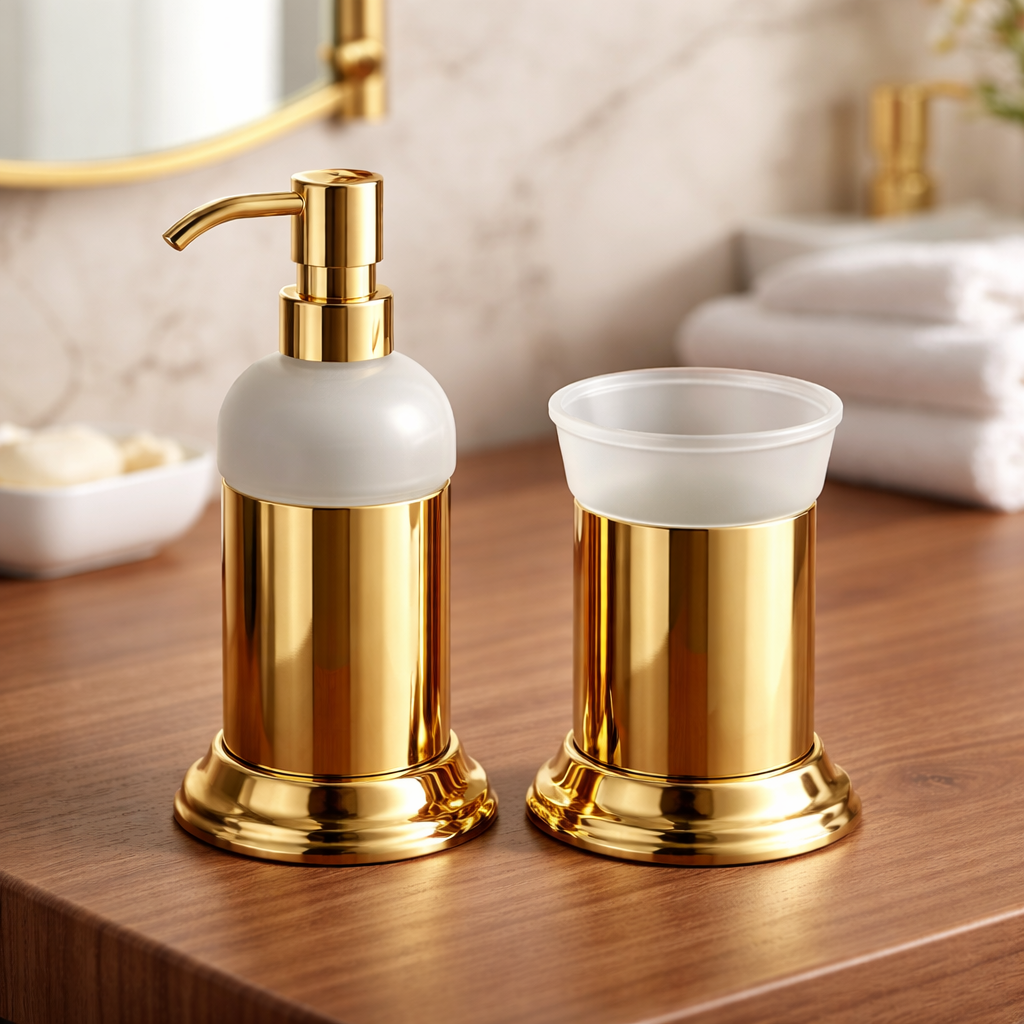 Gold Sıvı Sabunluk ve Diş Fırçalık Retro Vintage Tasarım Gold Banyo Seti Pirinç Paslanmaz