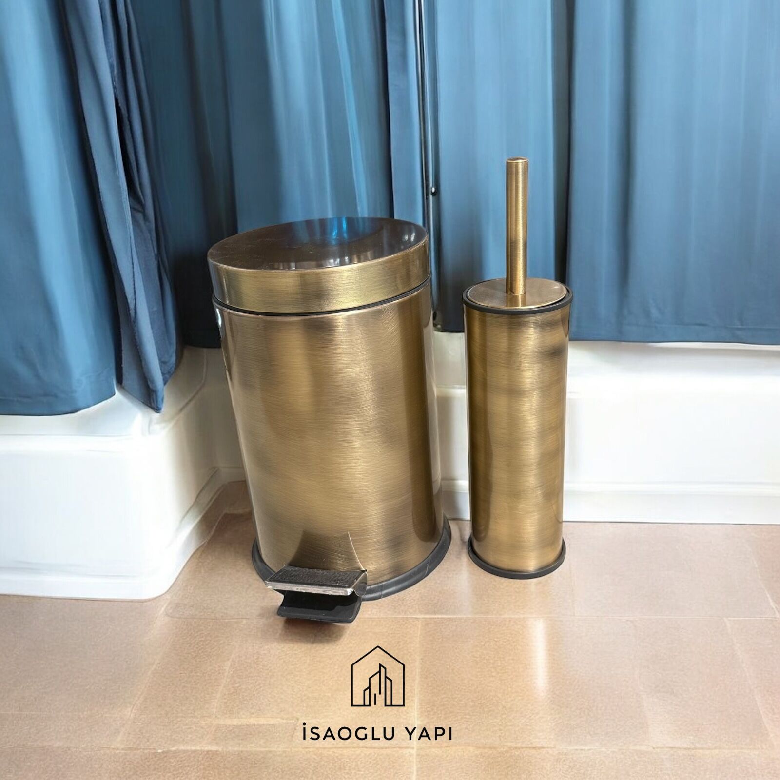 Antik Gold Çöp Kovası ve Fırça Seti Premium Banyo Setleri