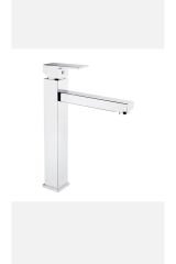 Çanak Lavabo Bataryası Kare Tasarım Çanak Armatür Yüksek Model Çanak Uyumlu Silver Gümüş