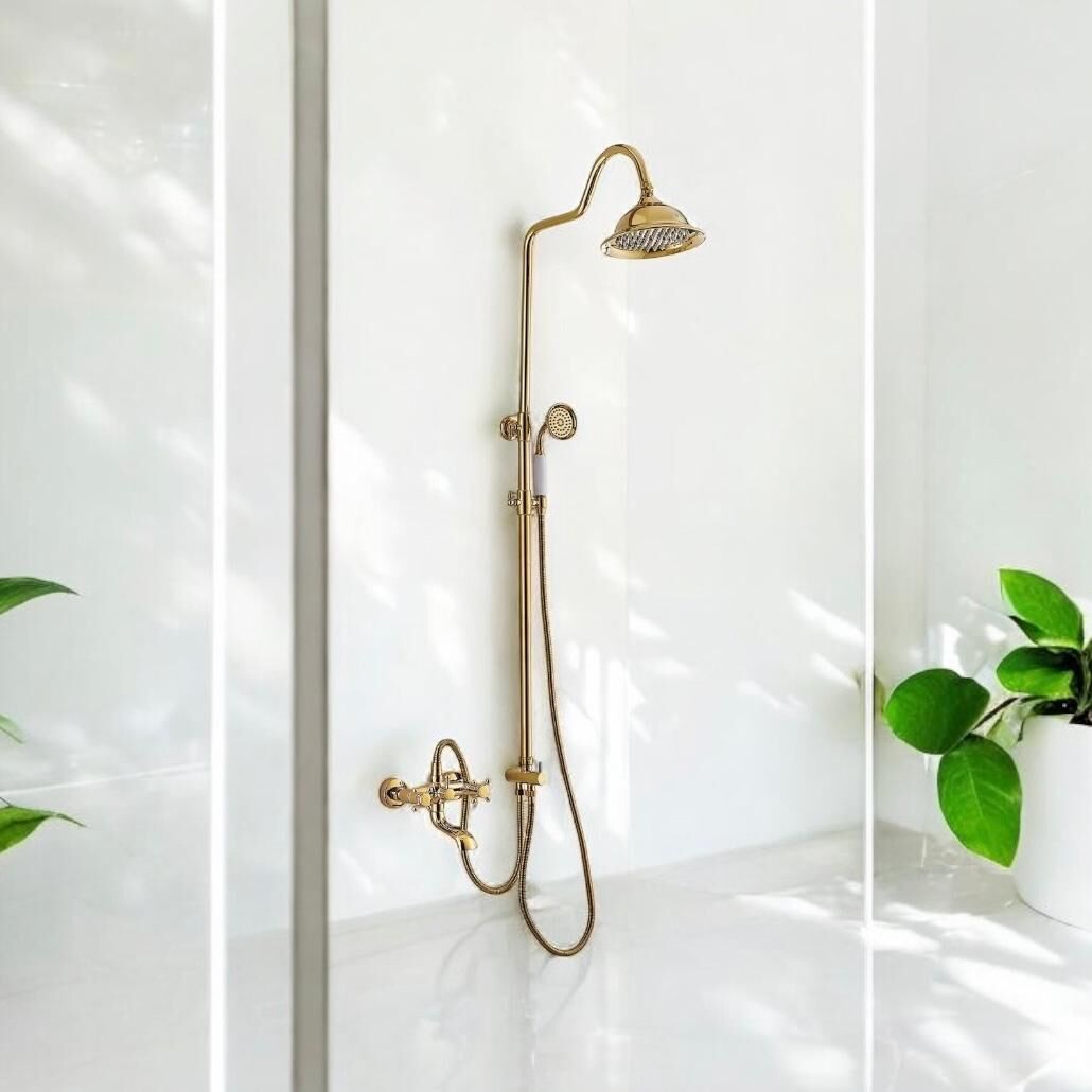 Gold Duş Seti Batarya Dahil Gold Yağmurlama Klasik Tasarım Vintage Pirinç 5 Yıl Garanti