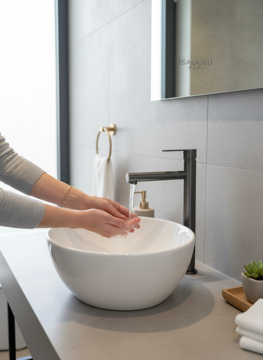 Antrasit Çanak Lavabo Bataryası Slim Yuvarlak Tasarım Antrasit Gri Yüksek Model Lavabo Armatür