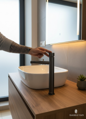 Antrasit Çanak Lavabo Bataryası Slim Yuvarlak Tasarım Antrasit Gri Yüksek Model Lavabo Armatür