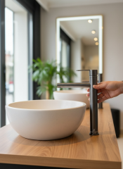 Antrasit Çanak Lavabo Bataryası Slim Yuvarlak Tasarım Antrasit Gri Yüksek Model Lavabo Armatür