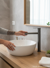 Antrasit Çanak Lavabo Bataryası Slim Yuvarlak Tasarım Antrasit Gri Yüksek Model Lavabo Armatür