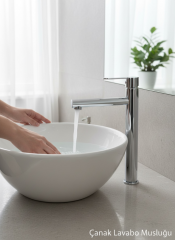 Silver Gümüş Çanak Lavabo Bataryası Slim Yuvarlak Tasarım Gümüş Gri Yüksek Model Lavabo Armatür