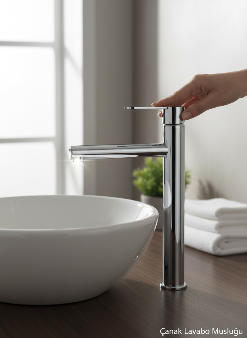 Silver Gümüş Çanak Lavabo Bataryası Slim Yuvarlak Tasarım Gümüş Gri Yüksek Model Lavabo Armatür