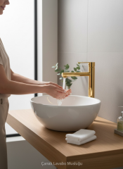 Gold Çanak Lavabo Bataryası Slim Yuvarlak Tasarım Parlak Gold Yüksek Model Lavabo Armatür