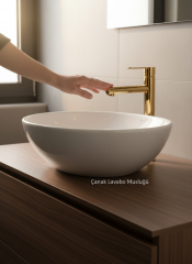 Gold Çanak Lavabo Bataryası Slim Yuvarlak Tasarım Parlak Gold Yüksek Model Lavabo Armatür