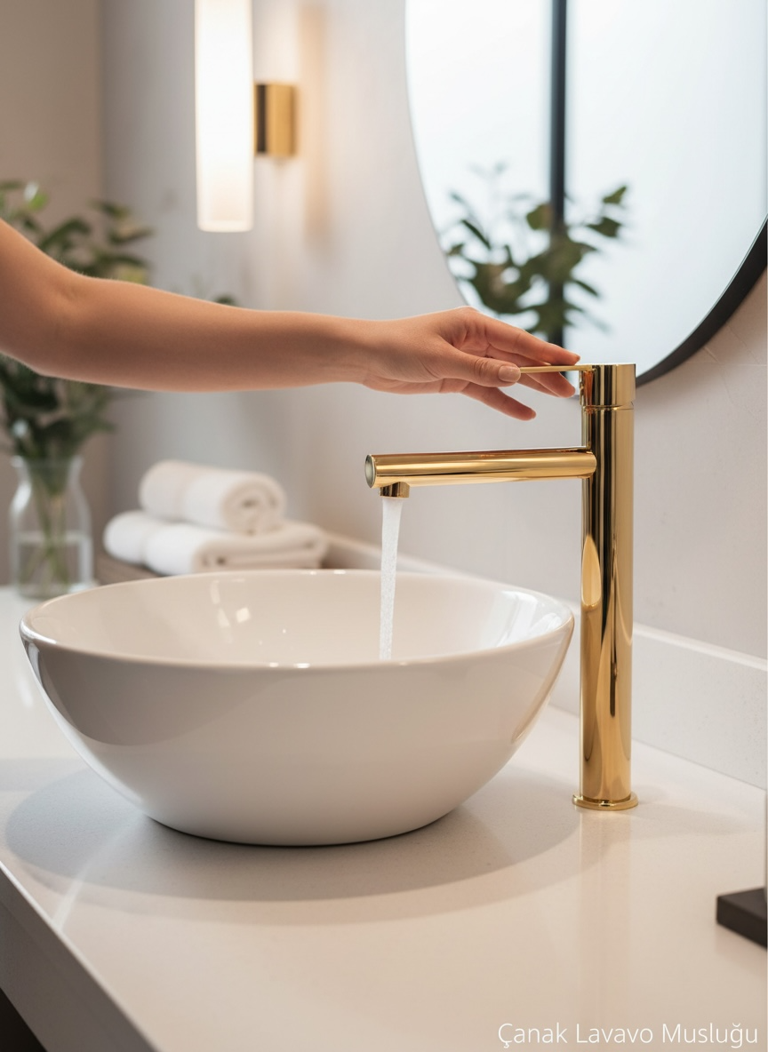 Gold Çanak Lavabo Bataryası Slim Yuvarlak Tasarım Parlak Gold Yüksek Model Lavabo Armatür