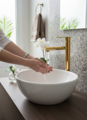 Gold Çanak Lavabo Bataryası Slim Yuvarlak Tasarım Parlak Gold Yüksek Model Lavabo Armatür