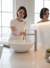 Mat Krom Çanak Lavabo Bataryası Slim Yuvarlak Tasarım Leke Bırakmaz Yüksek Model Lavabo Armatür