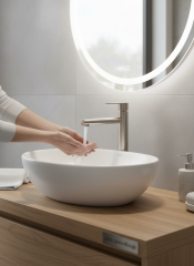 Mat Krom Çanak Lavabo Bataryası Slim Yuvarlak Tasarım Leke Bırakmaz Yüksek Model Lavabo Armatür