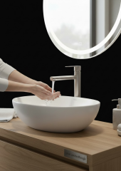 Mat Krom Çanak Lavabo Bataryası Slim Yuvarlak Tasarım Leke Bırakmaz Yüksek Model Lavabo Armatür