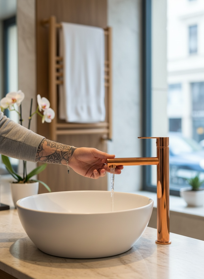 Bakır Bronz Çanak Lavabo Bataryası Slim Yuvarlak Tasarım Bronz Yüksek Model Lavabo Armatür