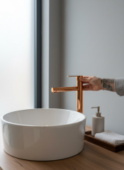 Bakır Bronz Çanak Lavabo Bataryası Slim Yuvarlak Tasarım Bronz Yüksek Model Lavabo Armatür