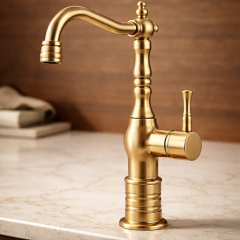 Mat Gold Retro Çanak Lavabo Armatür Fırçalanmış Altın Yüksek Model Banyo Armatürü Özel Tasarım