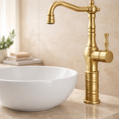 Mat Gold Retro Çanak Lavabo Armatür Fırçalanmış Altın Yüksek Model Banyo Armatürü Özel Tasarım
