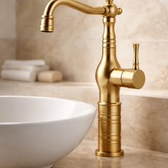 Mat Gold Retro Çanak Lavabo Armatür Fırçalanmış Altın Yüksek Model Banyo Armatürü Özel Tasarım