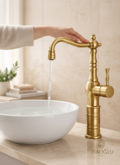 Mat Gold Retro Çanak Lavabo Armatür Fırçalanmış Altın Yüksek Model Banyo Armatürü Özel Tasarım