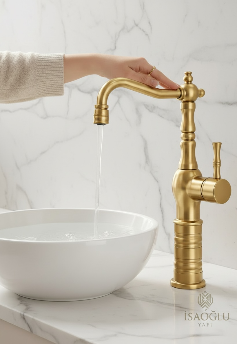 Mat Gold Retro Çanak Lavabo Armatür Fırçalanmış Altın Yüksek Model Banyo Armatürü Özel Tasarım