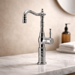 Gümüş Retro Çanak Lavabo Armatür Krom Yüksek Model Banyo Armatürü Özel Tasarım
