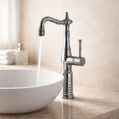 Gümüş Retro Çanak Lavabo Armatür Krom Yüksek Model Banyo Armatürü Özel Tasarım