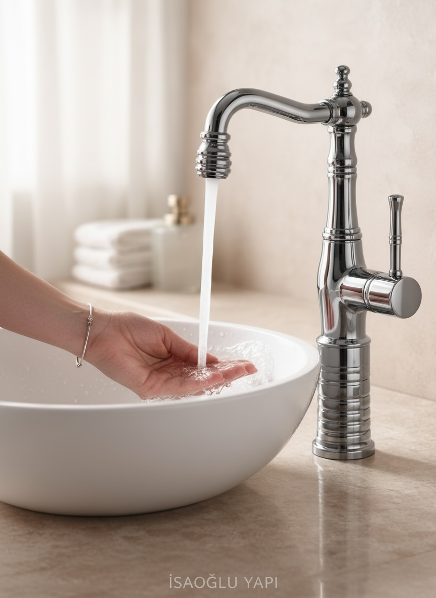 Gümüş Retro Çanak Lavabo Armatür Krom Yüksek Model Banyo Armatürü Özel Tasarım