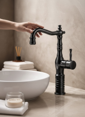 Antrasit Gri Retro Çanak Lavabo Armatür Mat Gri Yüksek Model Banyo Armatürü Özel Tasarım