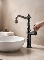 Antrasit Gri Retro Çanak Lavabo Armatür Mat Gri Yüksek Model Banyo Armatürü Özel Tasarım