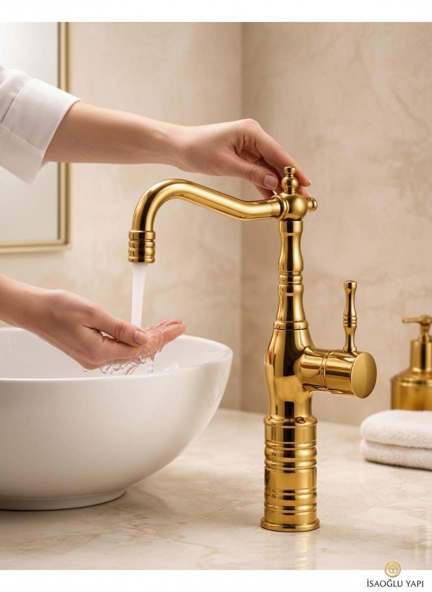 Parlak Gold Retro Çanak Lavabo Armatür Gold Altın Yüksek Model Banyo Armatürü Özel Tasarım