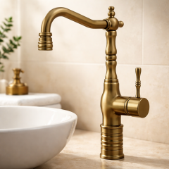 Antik Gold Retro Çanak Lavabo Armatür Eskitme Altın Yüksek Model Banyo Armatürü Özel Tasarım