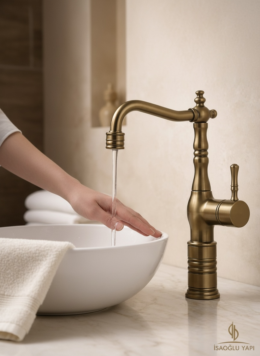 Antik Gold Retro Çanak Lavabo Armatür Eskitme Altın Yüksek Model Banyo Armatürü Özel Tasarım