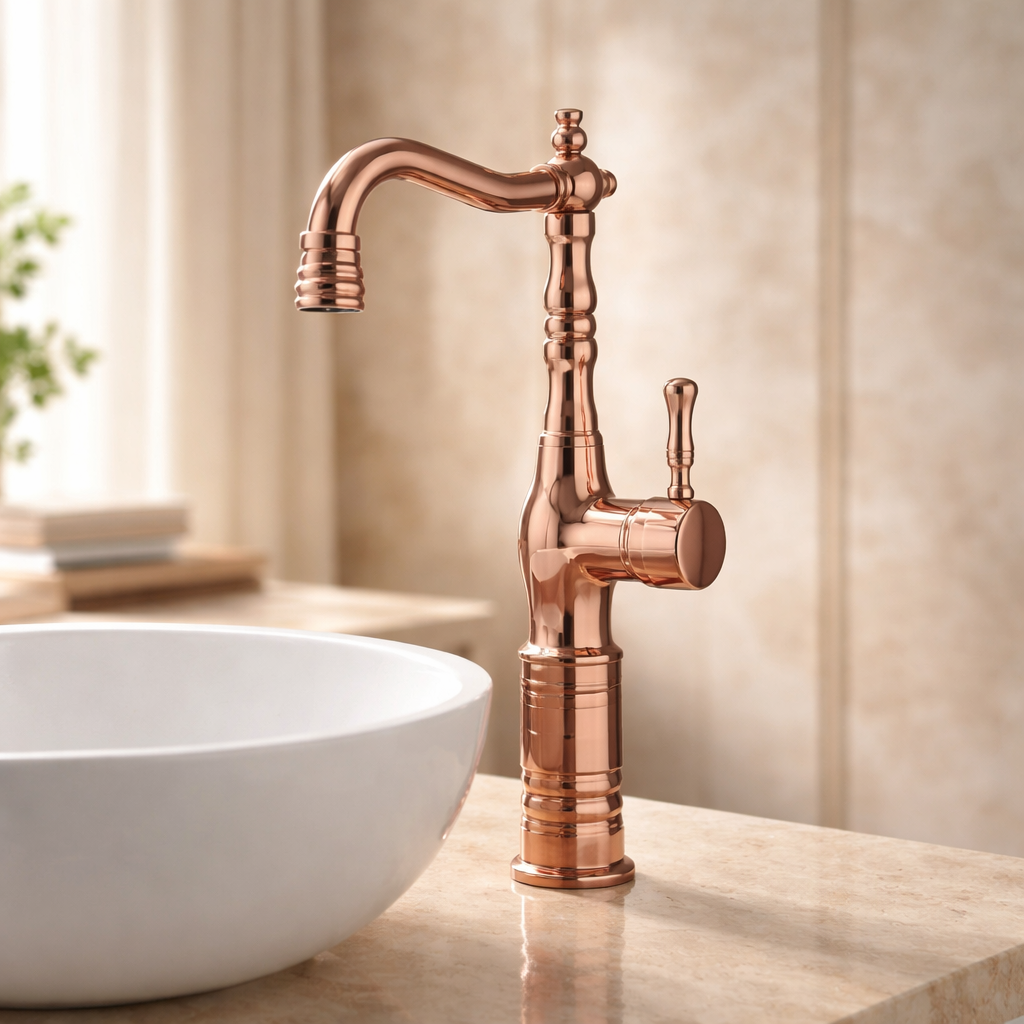 Bakır Bronz Retro Çanak Lavabo Armatür Rose Bakır Yüksek Model Banyo Armatürü Özel Tasarım