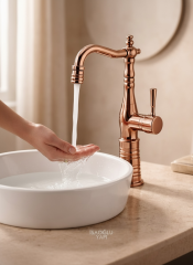 Bakır Bronz Retro Çanak Lavabo Armatür Rose Bakır Yüksek Model Banyo Armatürü Özel Tasarım