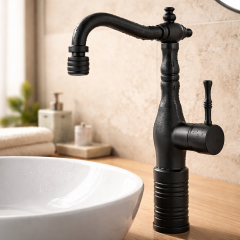 Mat Siyah  Retro Çanak Lavabo Armatür Dark Siyah Yüksek Model Banyo Armatürü Özel Tasarım