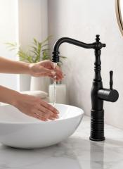 Mat Siyah  Retro Çanak Lavabo Armatür Dark Siyah Yüksek Model Banyo Armatürü Özel Tasarım
