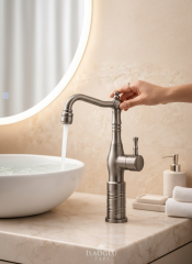 Mat Krom Retro Çanak Lavabo Armatür İnox Yüksek Model Banyo Armatürü Özel Tasarım