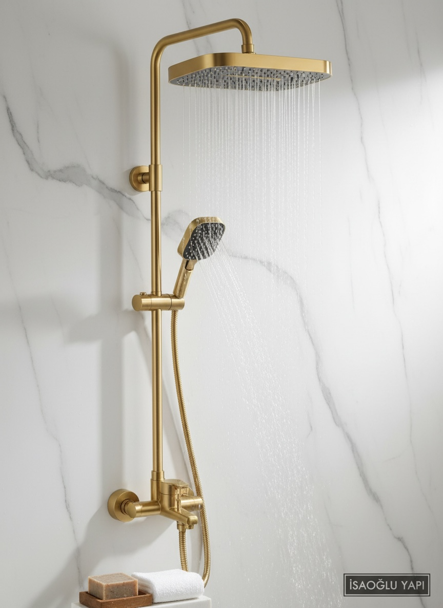Mat Gold Duş Sistemi Alt Batarya Dahil Mat Altın Fırçalanmış Renk Banyo Duş Seti
