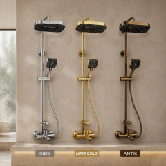 Antik Gold Duş Sistemi Alt Batarya Dahil Eskitme Gold Tepe Yağmurlamalı Banyo Duş Seti