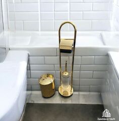 Gold Ayaklı Tuvalet Kağıtlığı Çöp Kovası ve Fırça Seti Komple Pirinç Malzeme Gold Banyo Seti