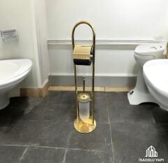 Gold Ayaklı Tuvalet Kağıtlığı Çöp Kovası ve Fırça Seti Komple Pirinç Malzeme Gold Banyo Seti