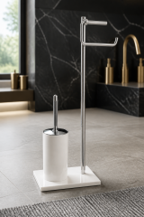 Mermer Klozet Fırçası ve Tuvalet Kağıtlık Seti Ayaklı Banyo Seti Pirinç Malzeme